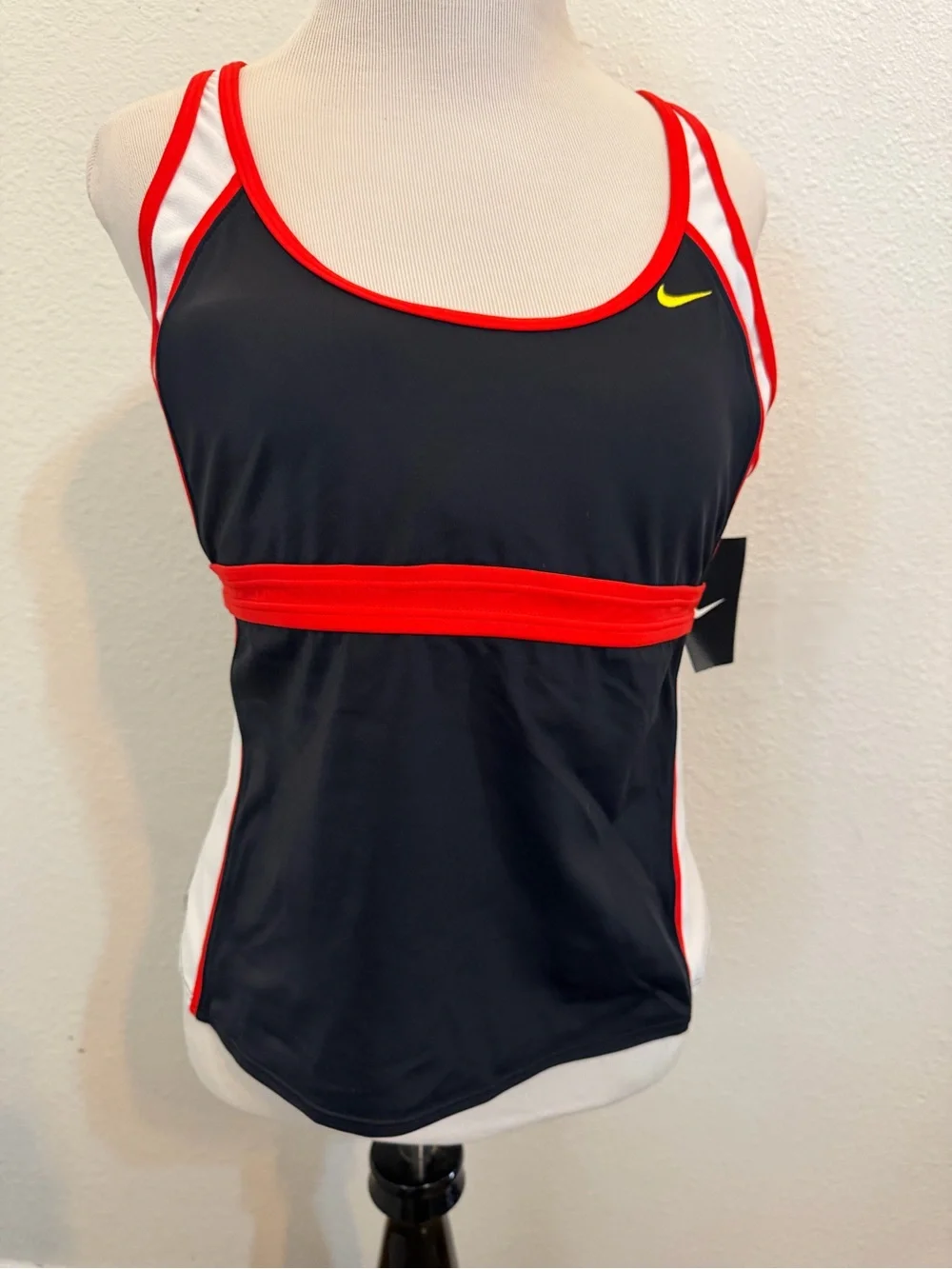 Nike Black Red White Tankini Swim Top with Yellow Swoosh New